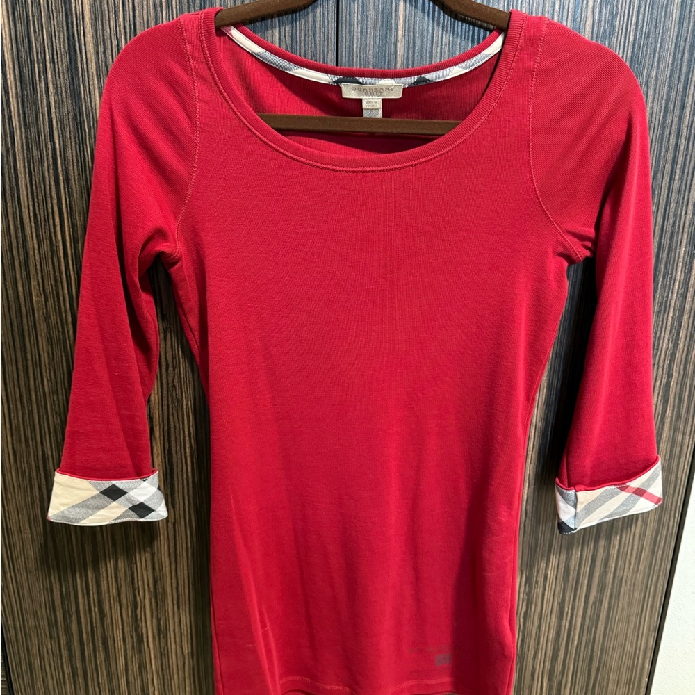 Burberry Scarlet Long Sleeve Tee with Check Cuffs